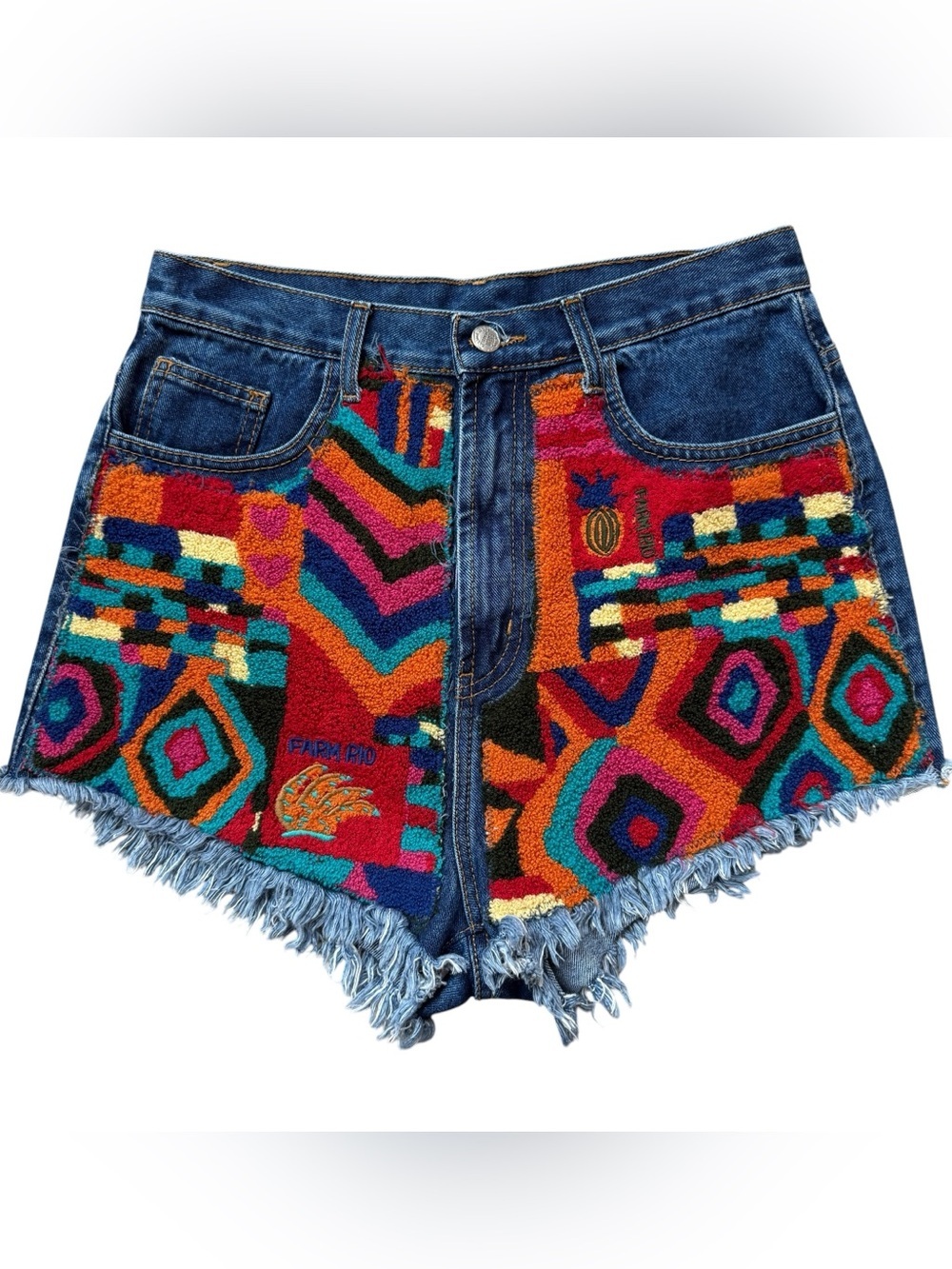 FARM Rio Summer Patches Fringe Denim Shorts Boho Festival Western M High Waist